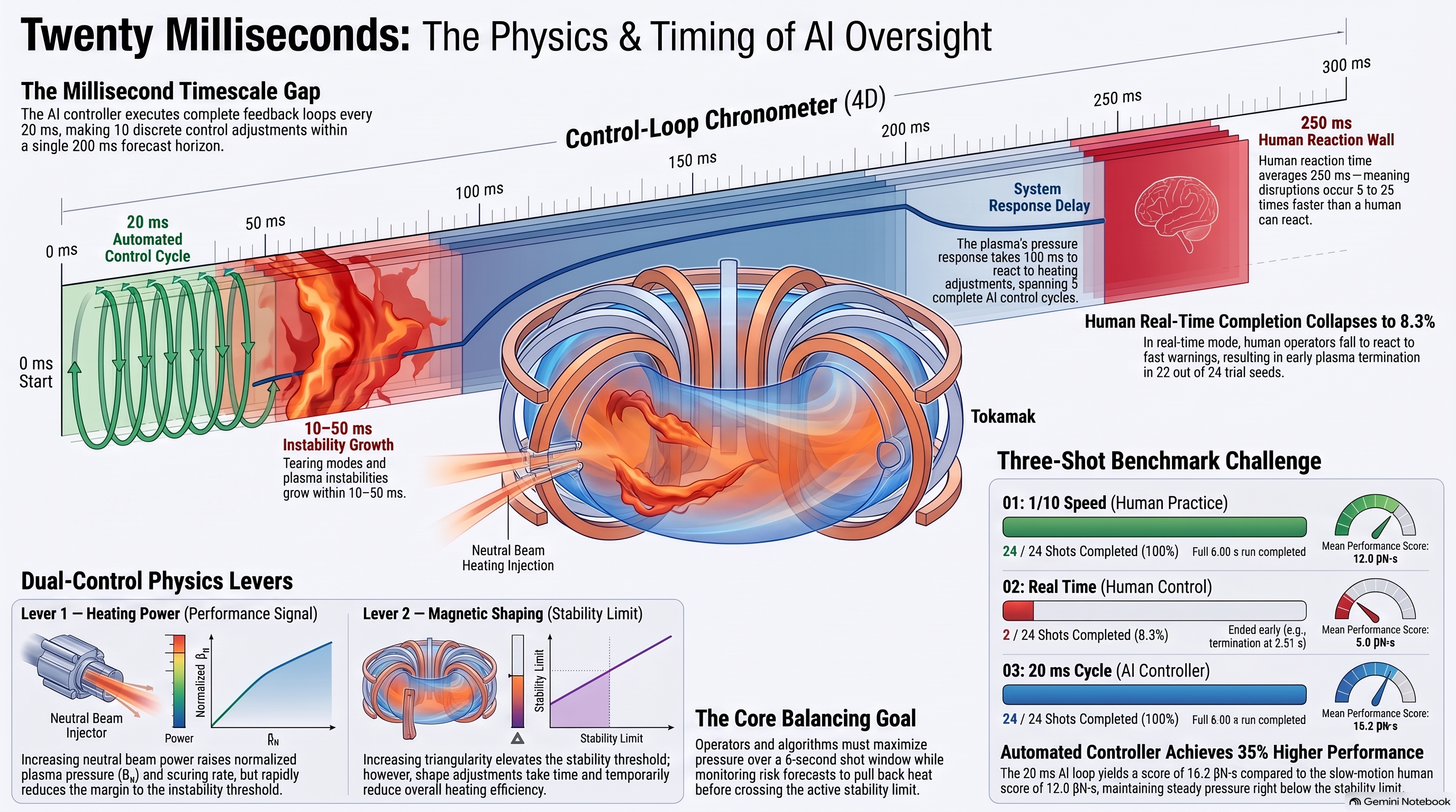 Infographic titled Twenty Milliseconds: the physics and timing of AI oversight, with a control-loop chronometer, two levers, and the three-shot benchmark.